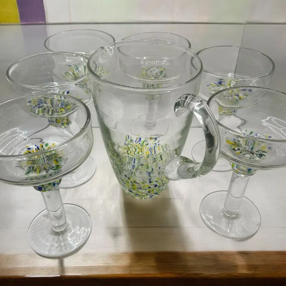 Unique Vtg Margarita Set Hand blown With Swirl 6 Lrg Glasses, 1 Lrg Pitcher - Picture 1 of 16